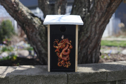 WHITE ROOF RED DRAGON BIRDHOUSE