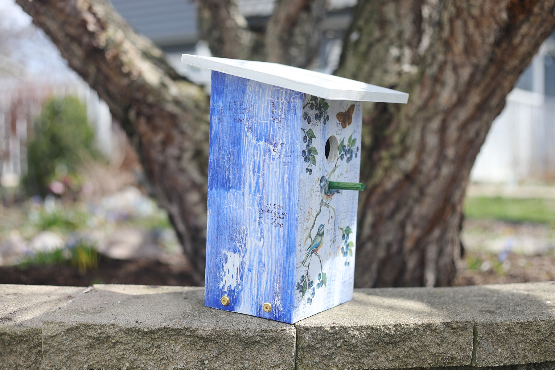 This adorable birdhouse is crackle painted with a blueberry and bird decoupage design and white roof. Constructed of weather and insect resistant cedar, wood glue and Polycrylic  sealer with easy bottom cleanout. Sure to make a great gift or addition to your back yard. 6 1/2"L x 5 1/4" W x 12 1/2" H.